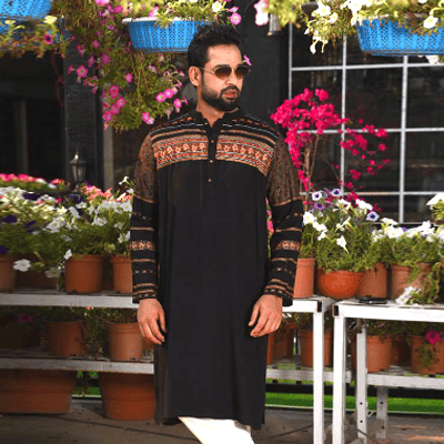 Black Linen Printed Embroidered Panjabi
