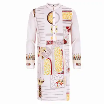 Slim fit panjabi with white printed viscose cotton